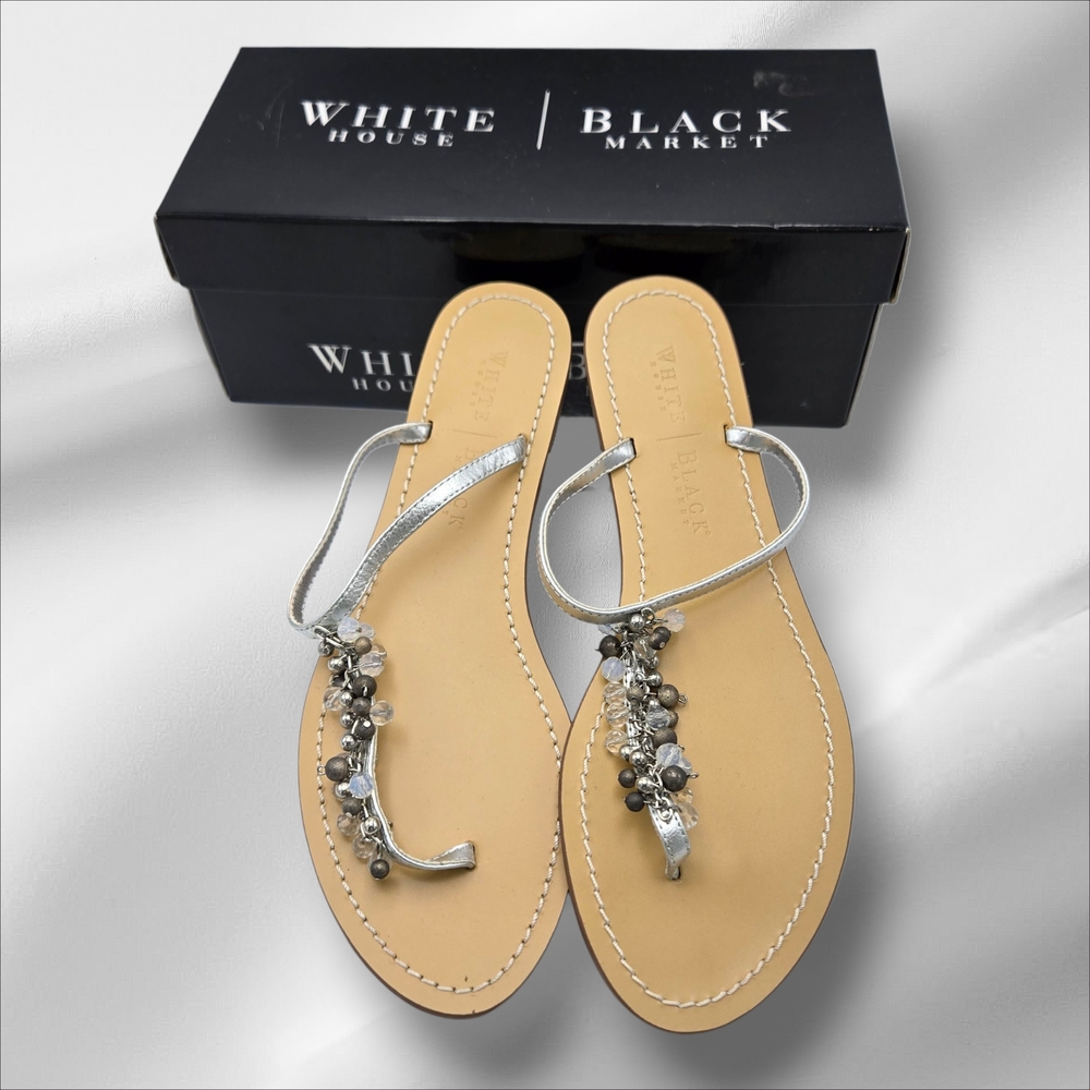 EUC White House Black Market Allison Silver Sandals Bead Embellishments